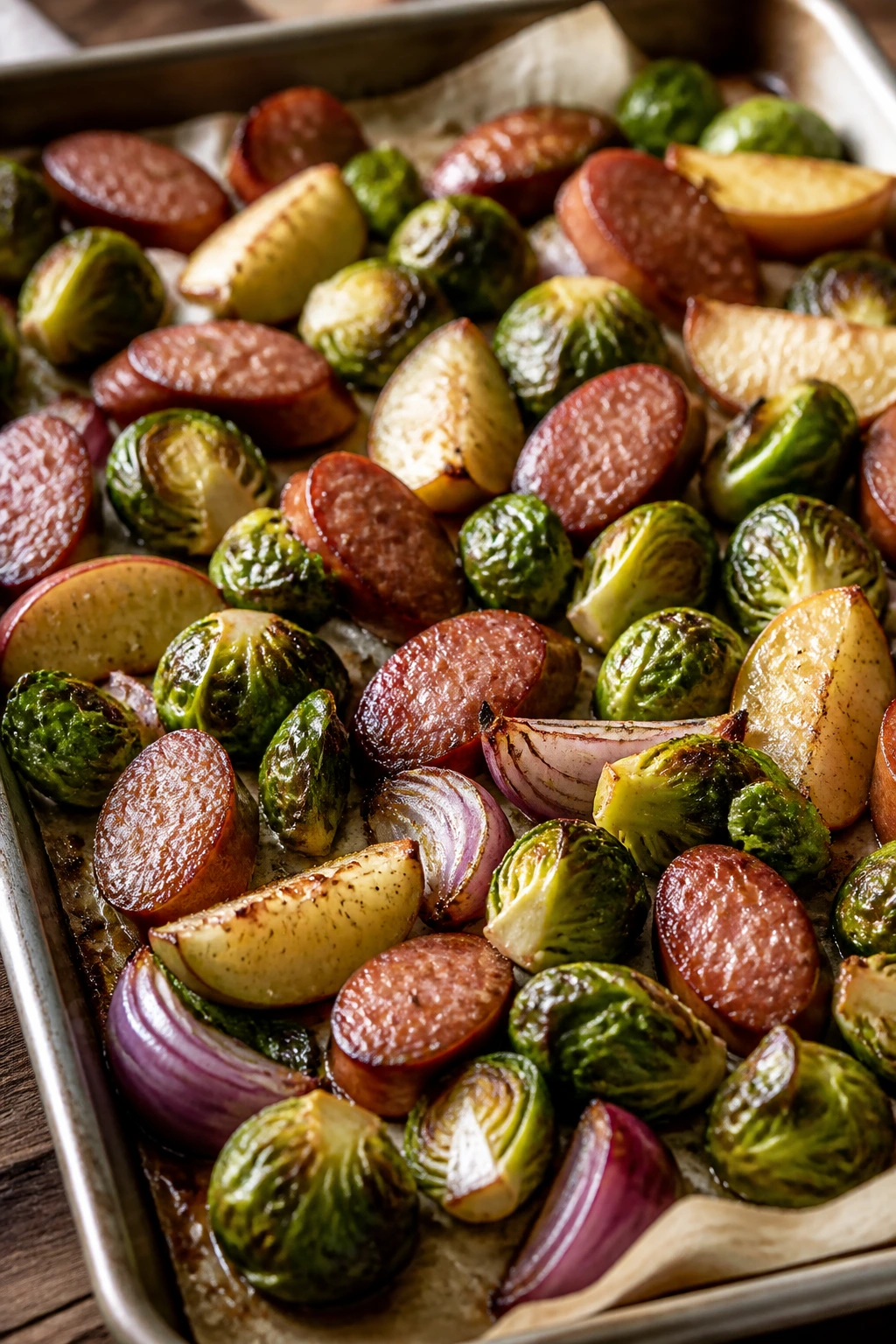 Close-up of sheet-pan roasted smoked sausage with Brussels sprouts and apples