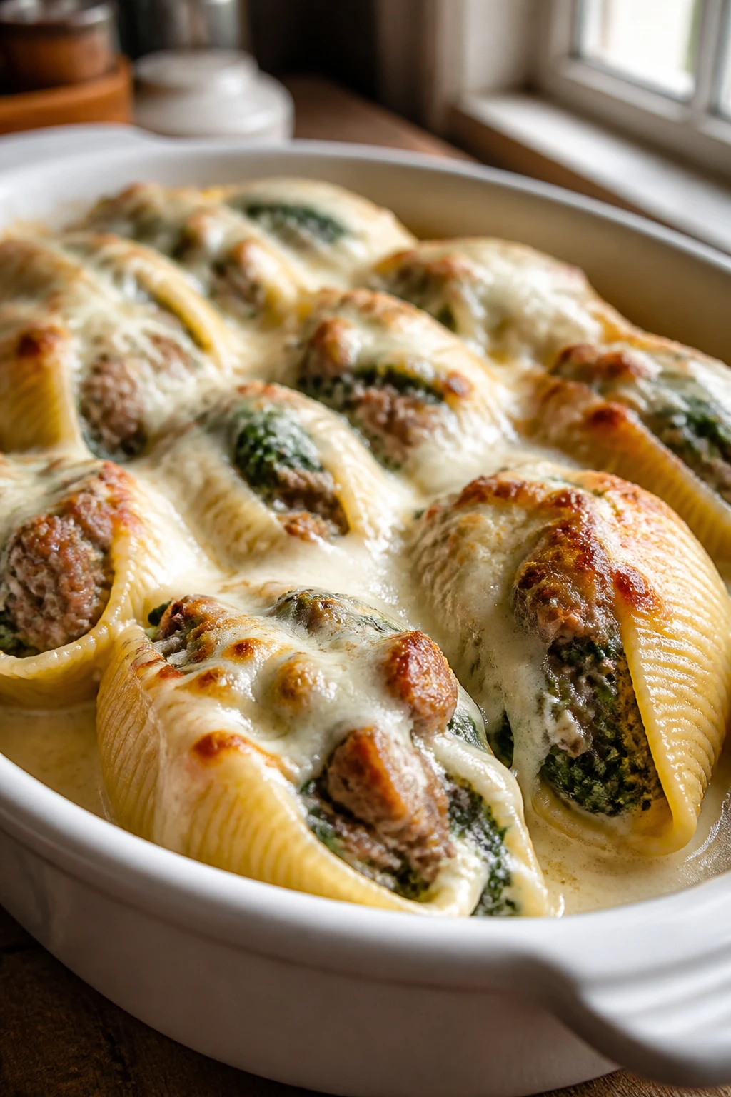 Close-up of creamy sausage spinach stuffed shells in Alfredo sauce