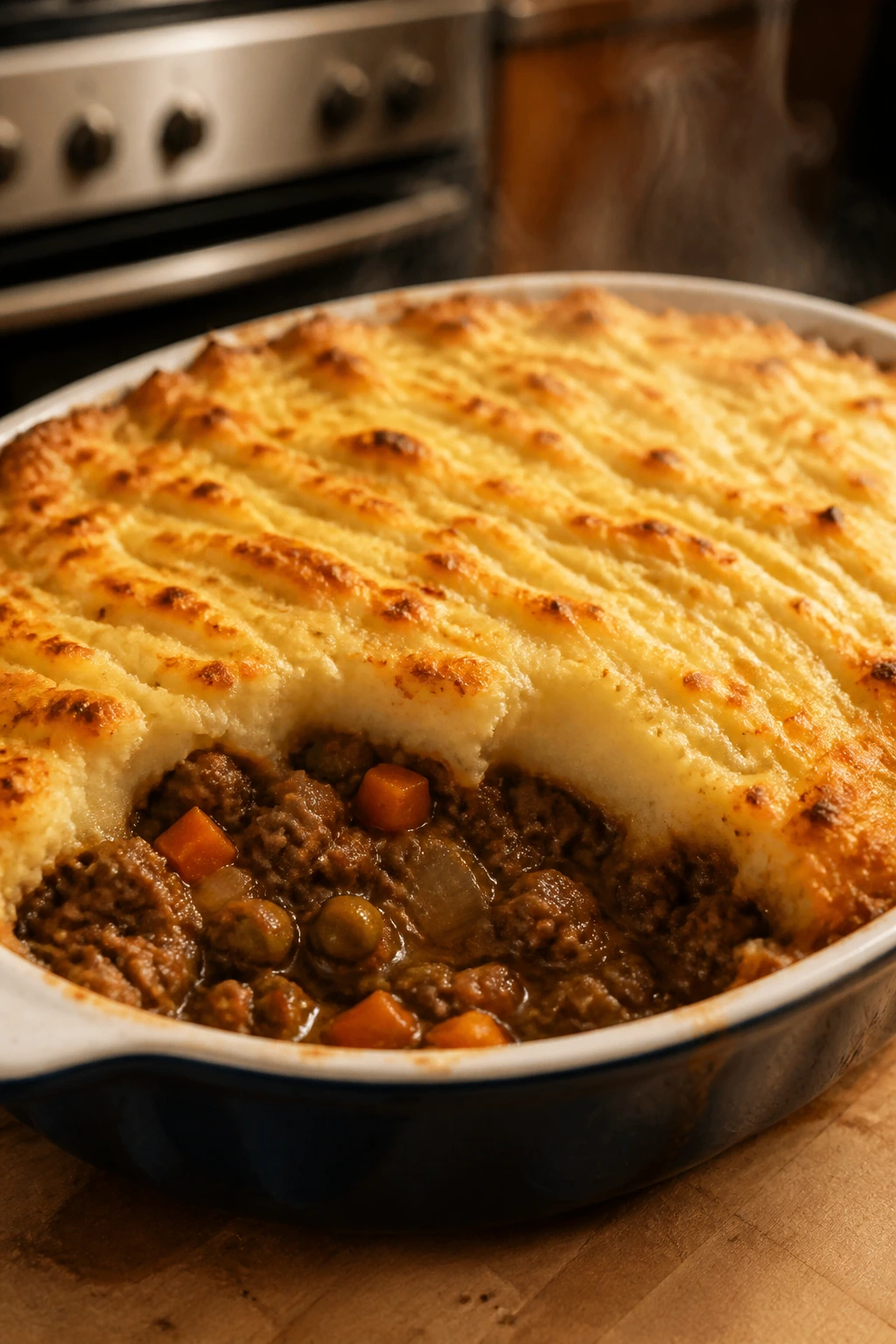 Shepherd's pie with sausage and mashed potato topping in baking dish