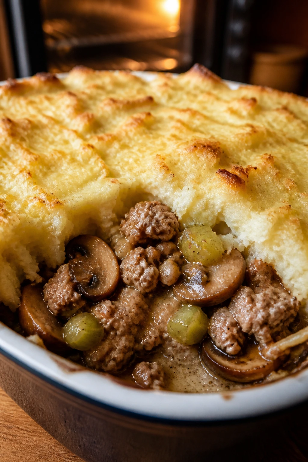 Sausage shepherds pie with cauliflower topping in a baking dish