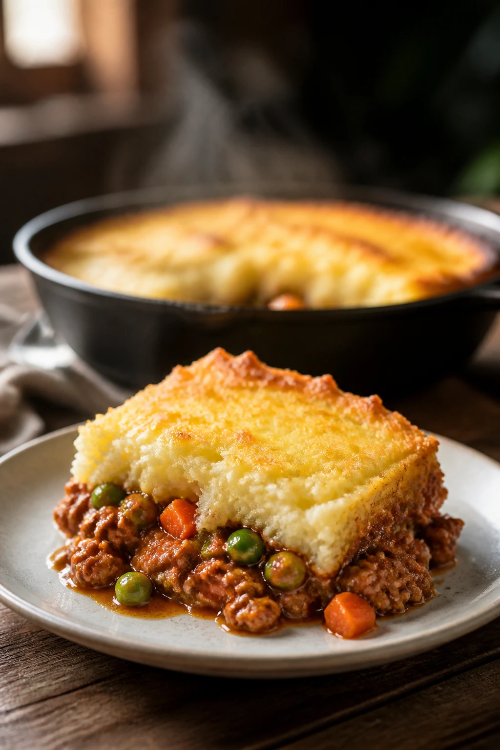 Close-up of sausage shepherd’s pie slice with golden mashed potato crust and savory filling