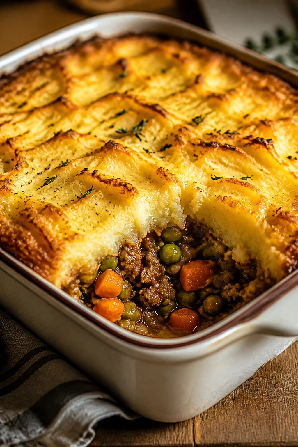 Close-up of sausage shepherd's pie with golden potato crust