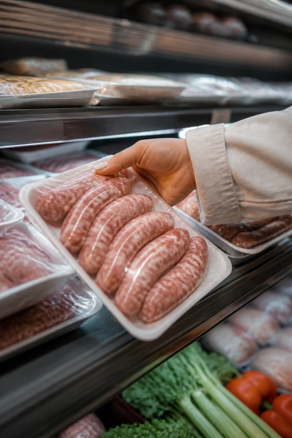 Hand reaching for an unlabeled sausage tray in a store cooler