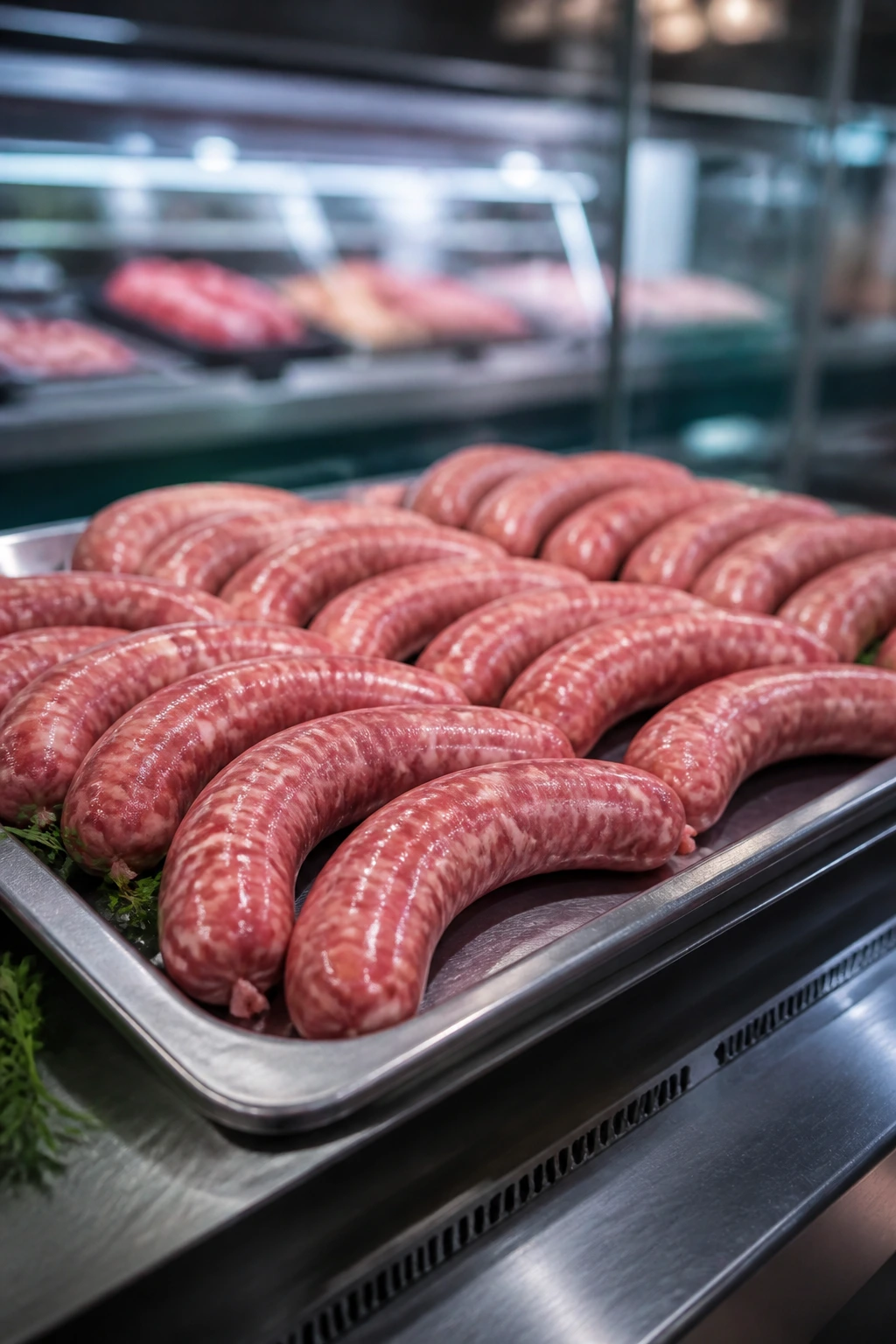 Close-up of fresh sausage links on a tray in a cool market display.