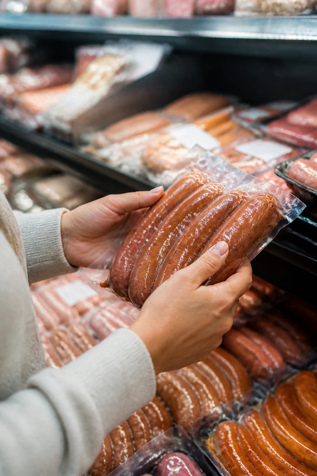 Hand selecting smoked sausage in grocery store, focus on sausage texture