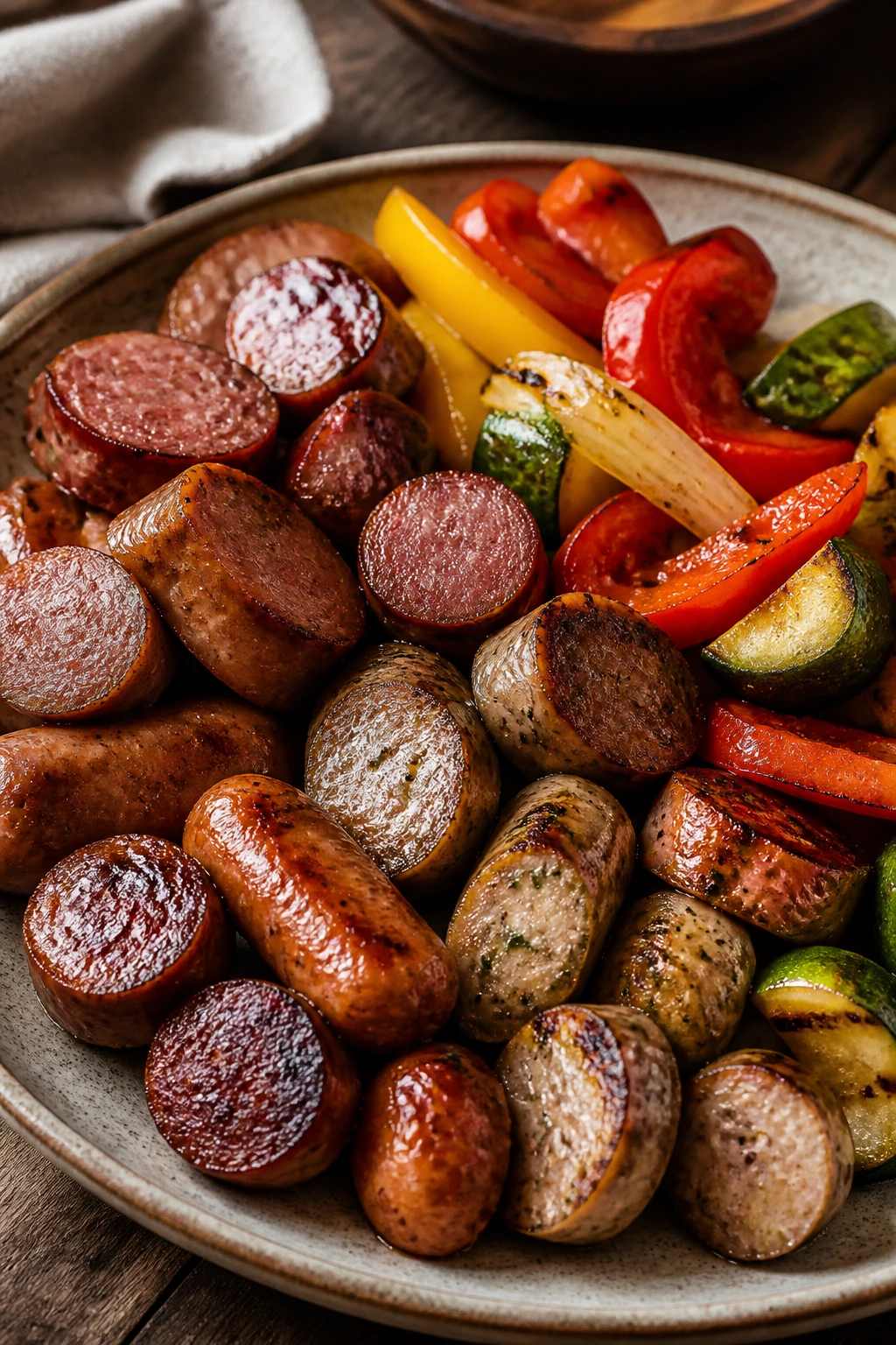 plated sausage assortment with vegetables on a rustic plate in a kitchen