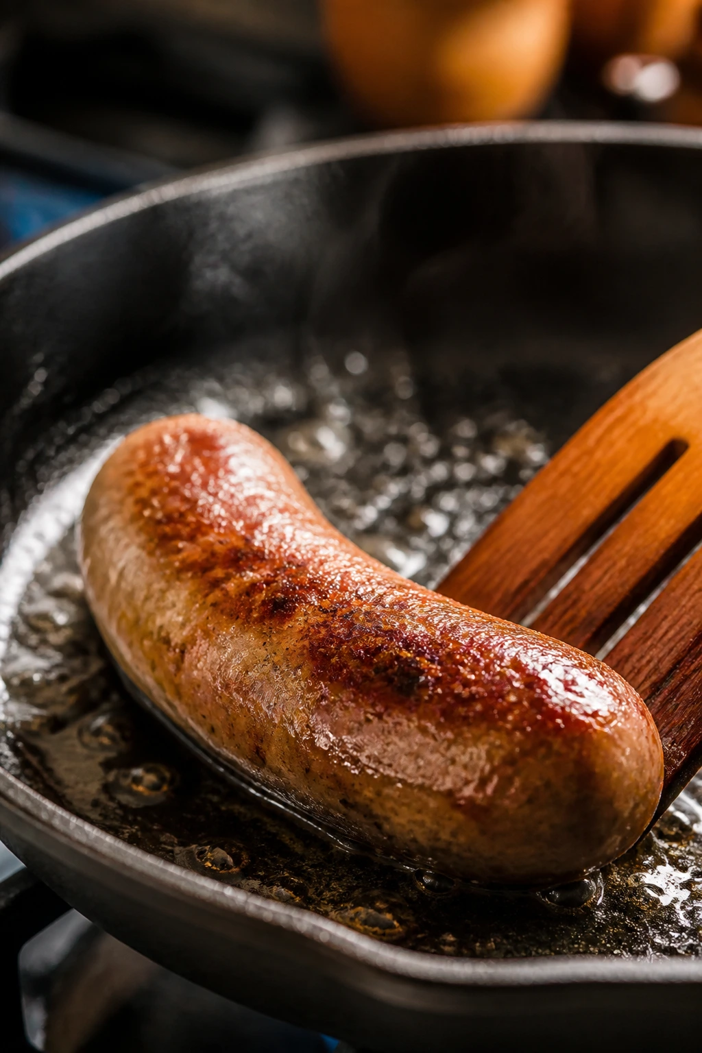 Close-up of a sausage browning in a skillet with rising steam in a warm kitchen