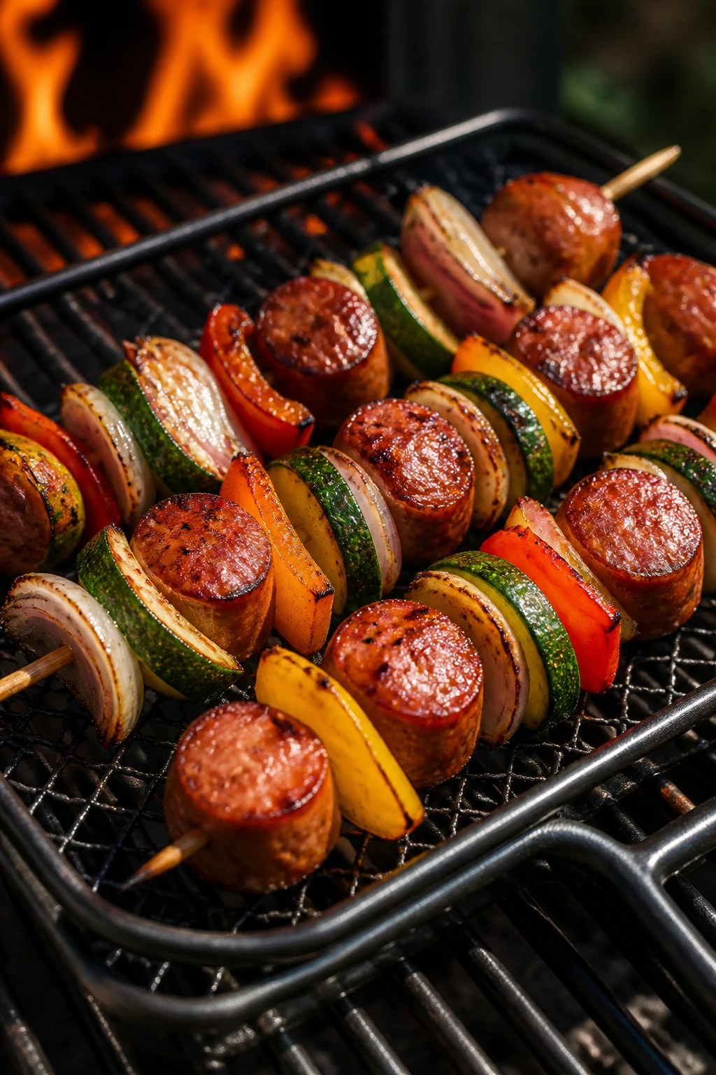 Close-up of sausage and vegetable skewers grilling over direct heat