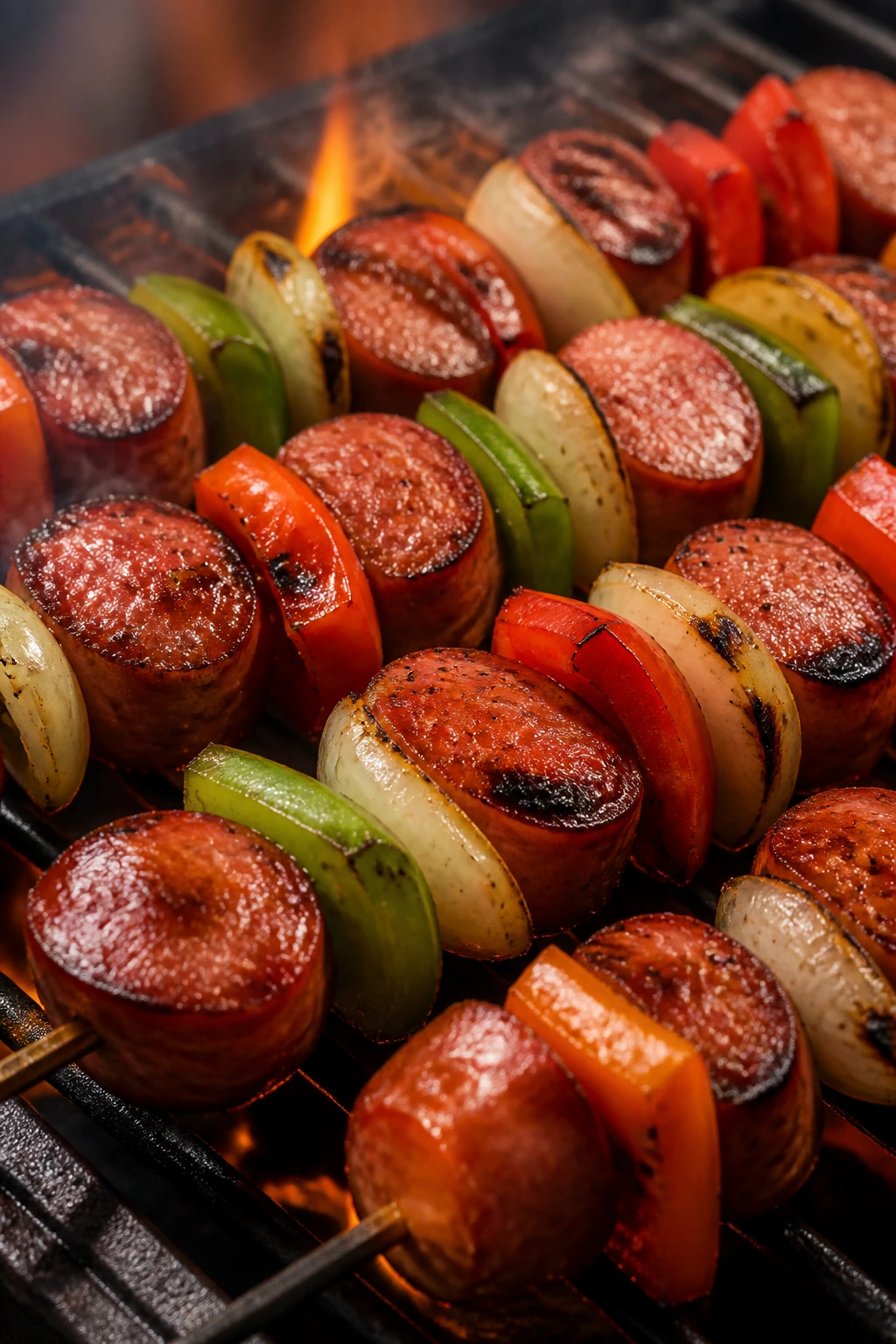 Smoked sausage with peppers and onions on skewers