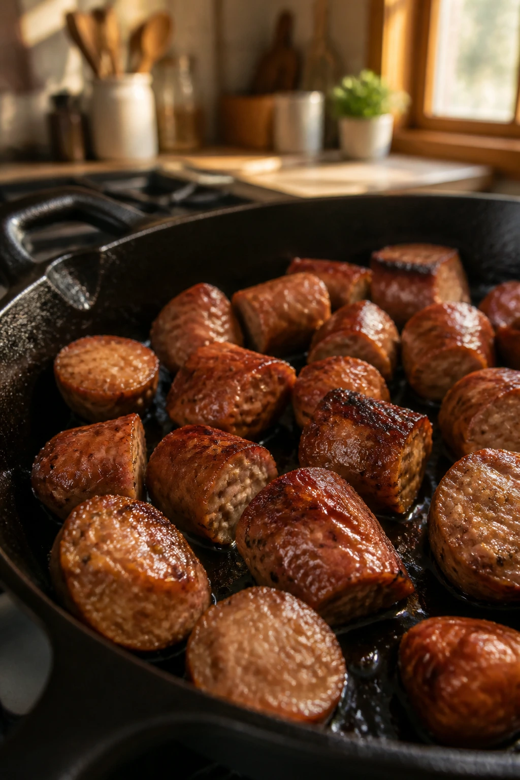 Close-up of browned sausage in a cast-iron skillet