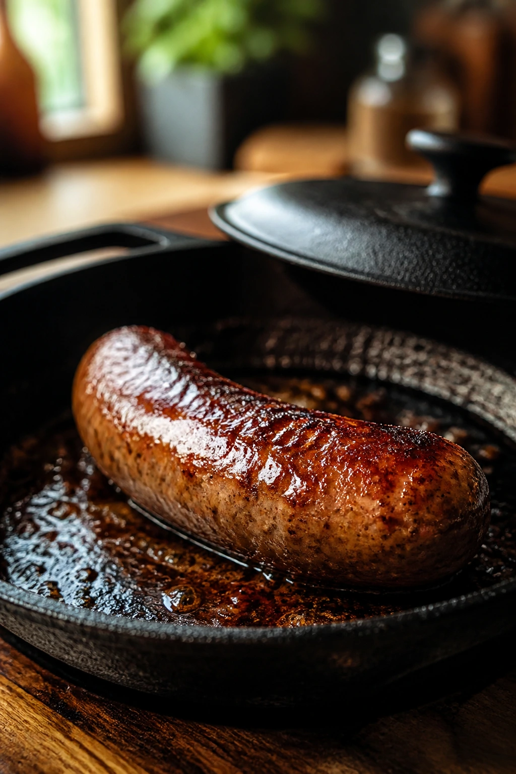 Close-up of a juicy pork sausage browning in a cast-iron skillet with glossy glaze