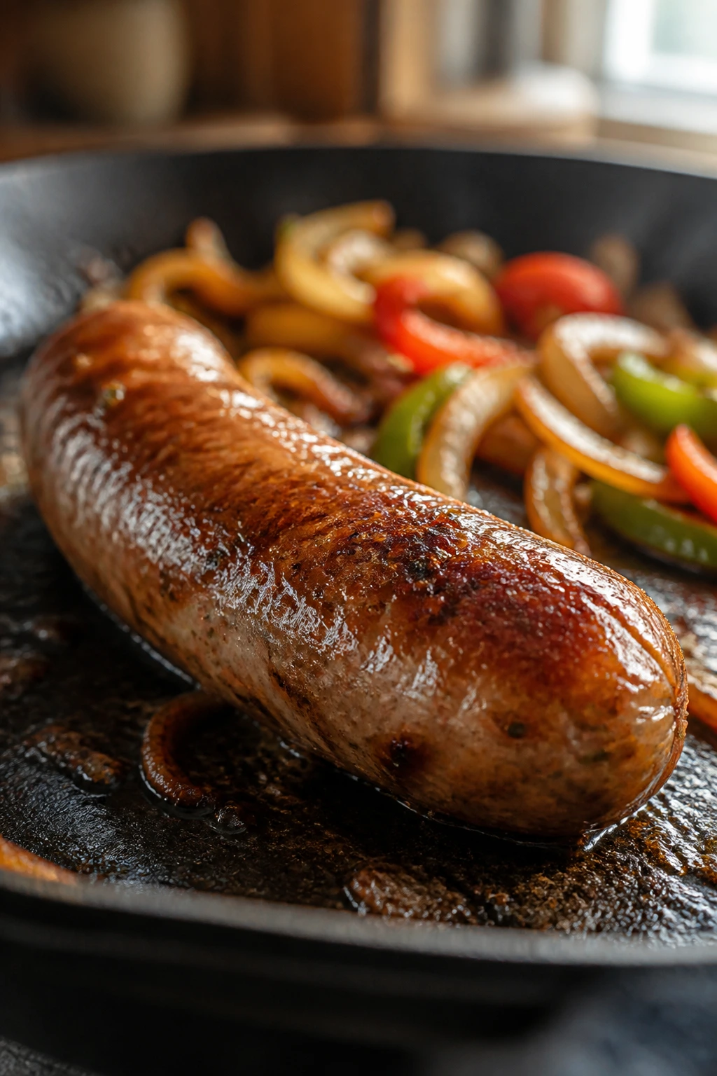 Close-up of a sausage browning in a skillet with blurred background onions and peppers