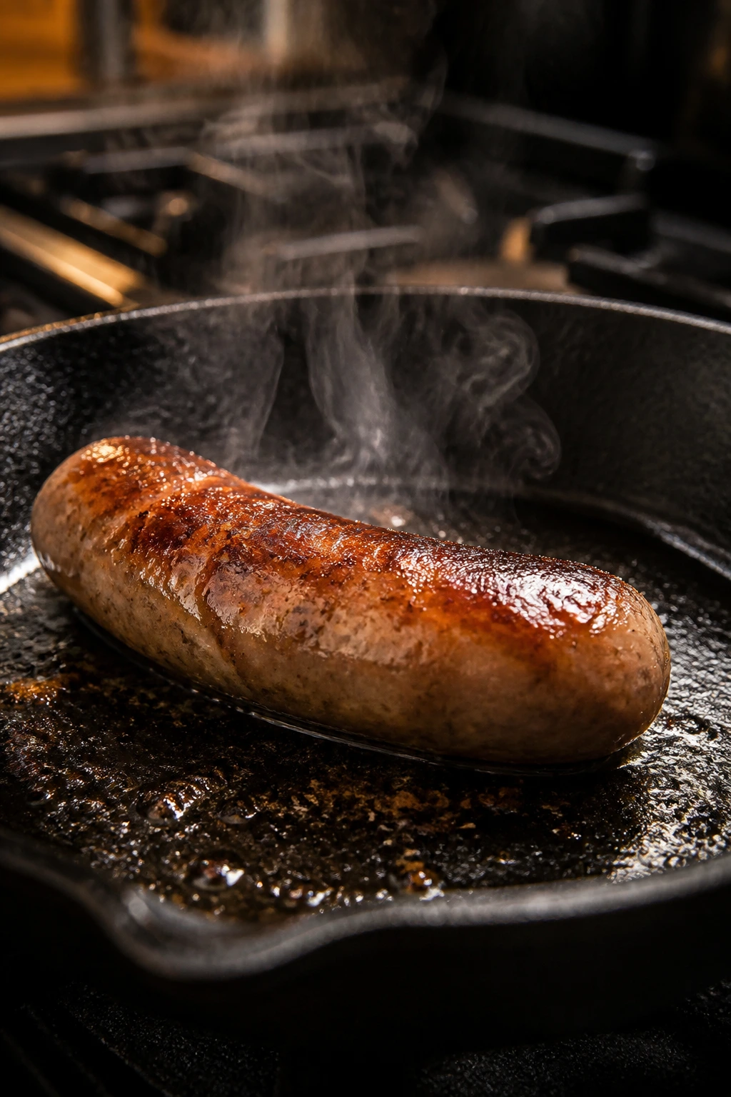 Close-up of a browned sausage in a cast-iron skillet on a warm kitchen stove