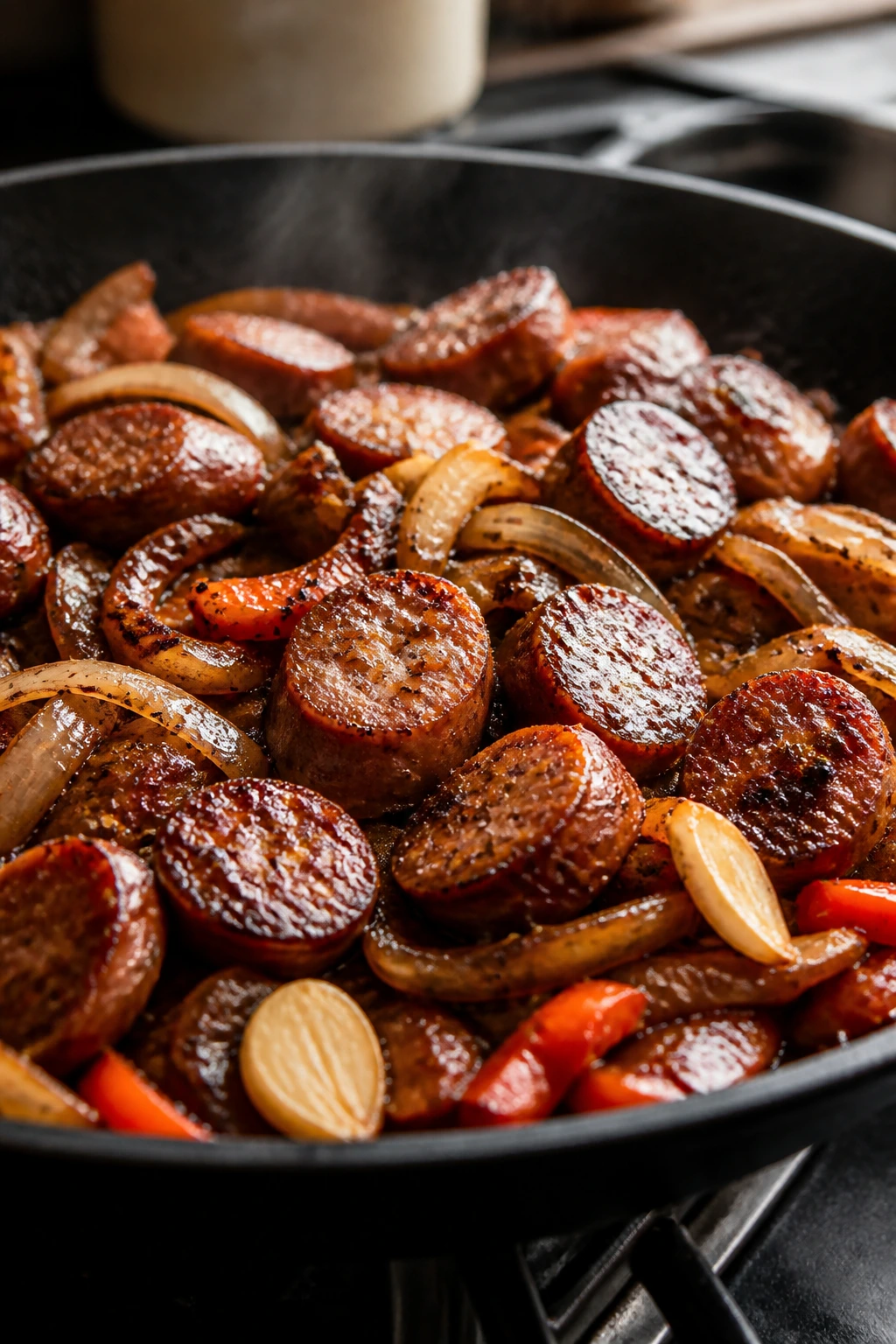 Close-up of browned sausage with aromatics in a hot skillet on a warm kitchen counter