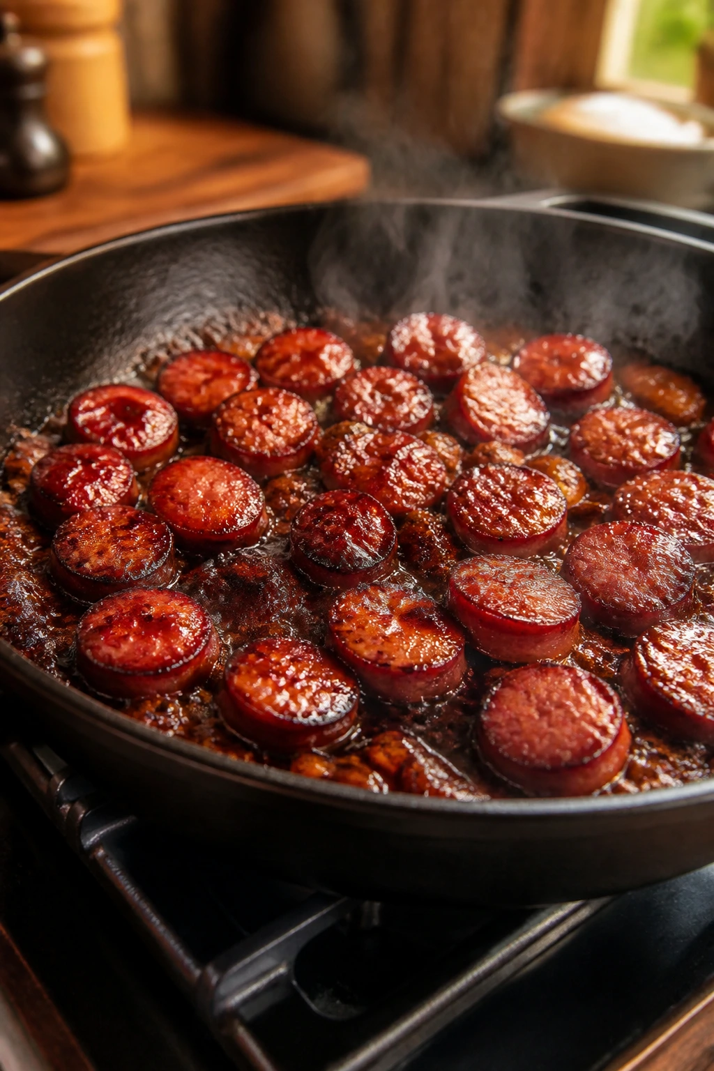Close-up of browned sausage coins in a skillet with glossy glaze