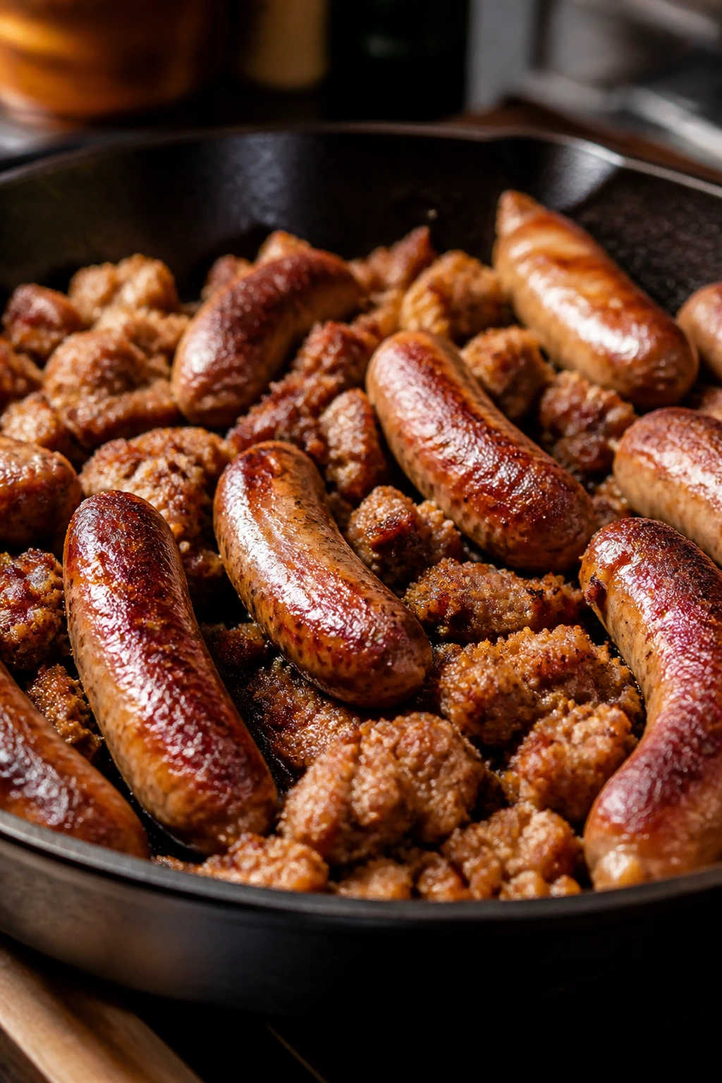 Close-up of browned sausage in a cast-iron skillet with caramelized crust