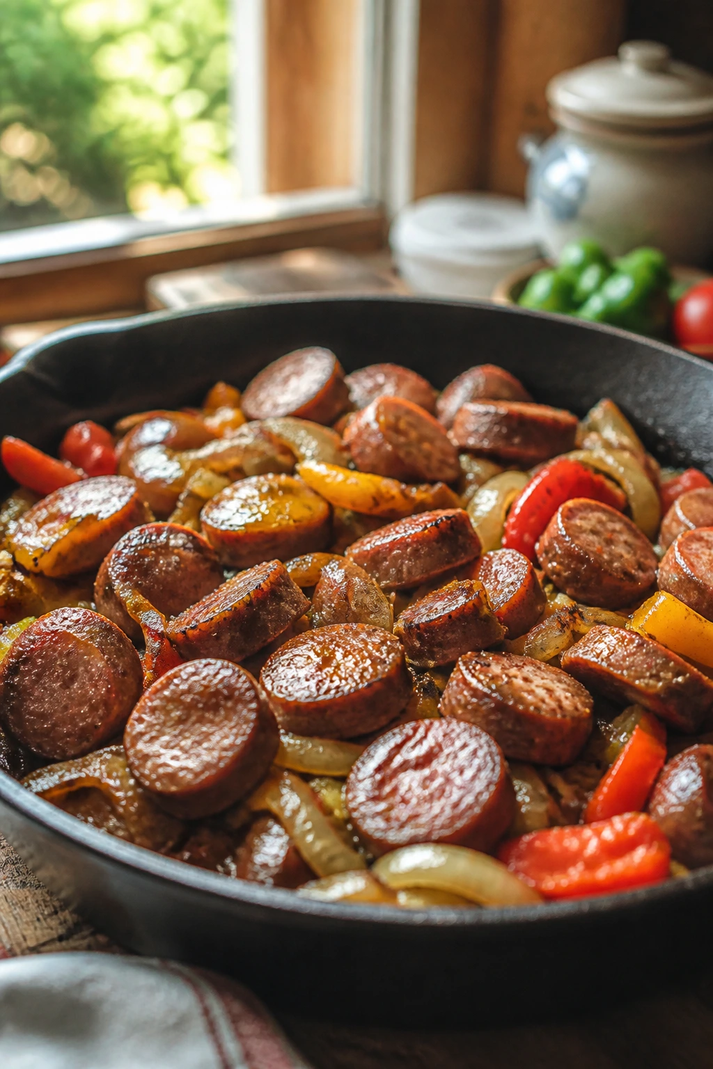Sizzling sausage with onions and peppers in a cast-iron skillet