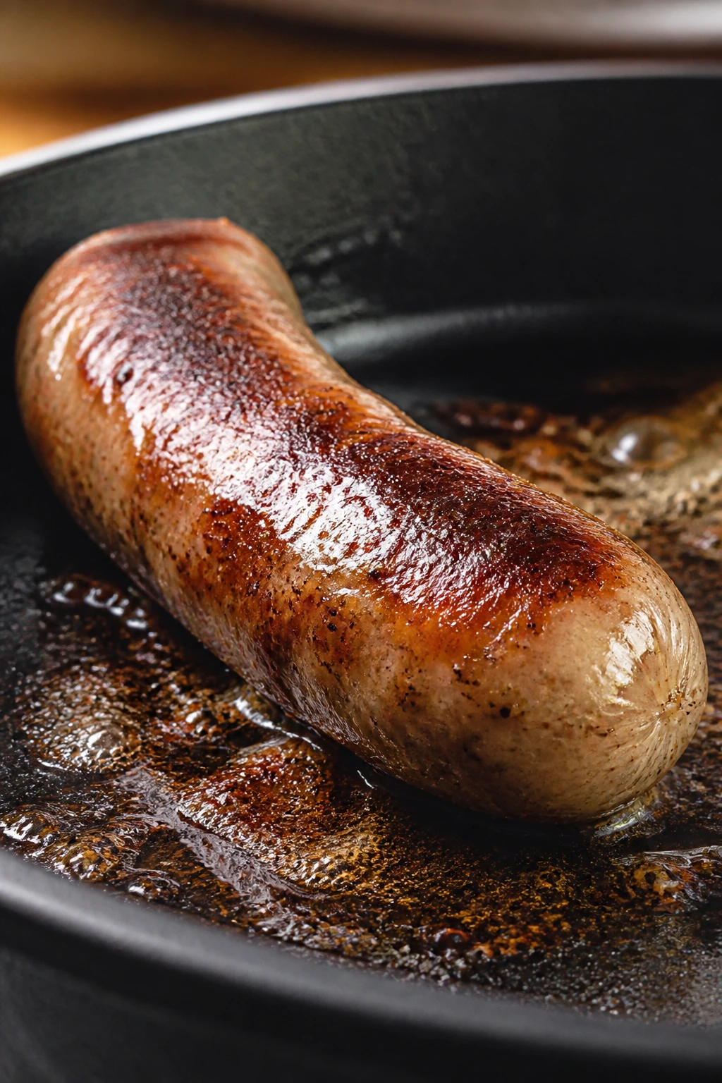 Close-up of a sausage link browning in a skillet