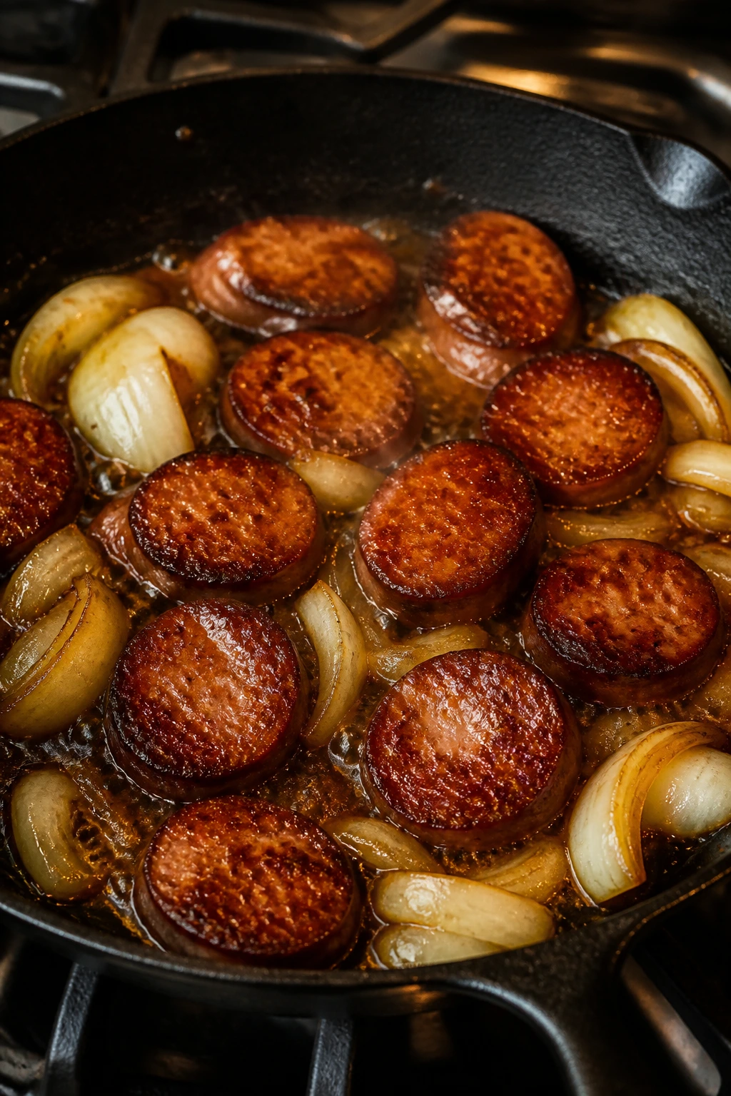 Sausage browning in skillet with glaze forming.