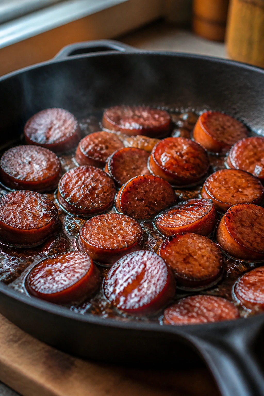 Sausage coins browning in a cast-iron skillet with glossy glaze in a warm kitchen
