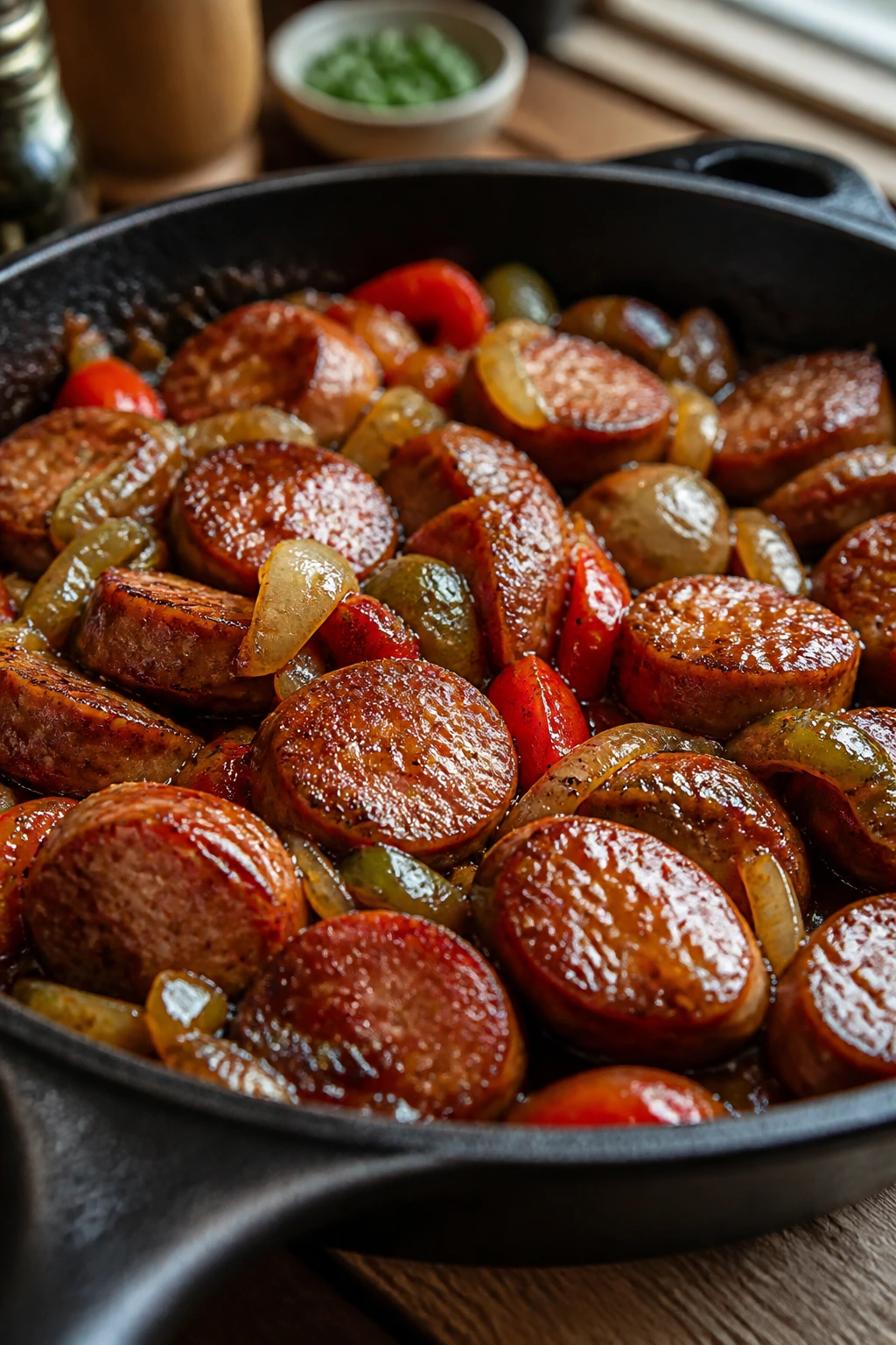 Close-up of tender sausage skillet with glossy glaze in a warm kitchen