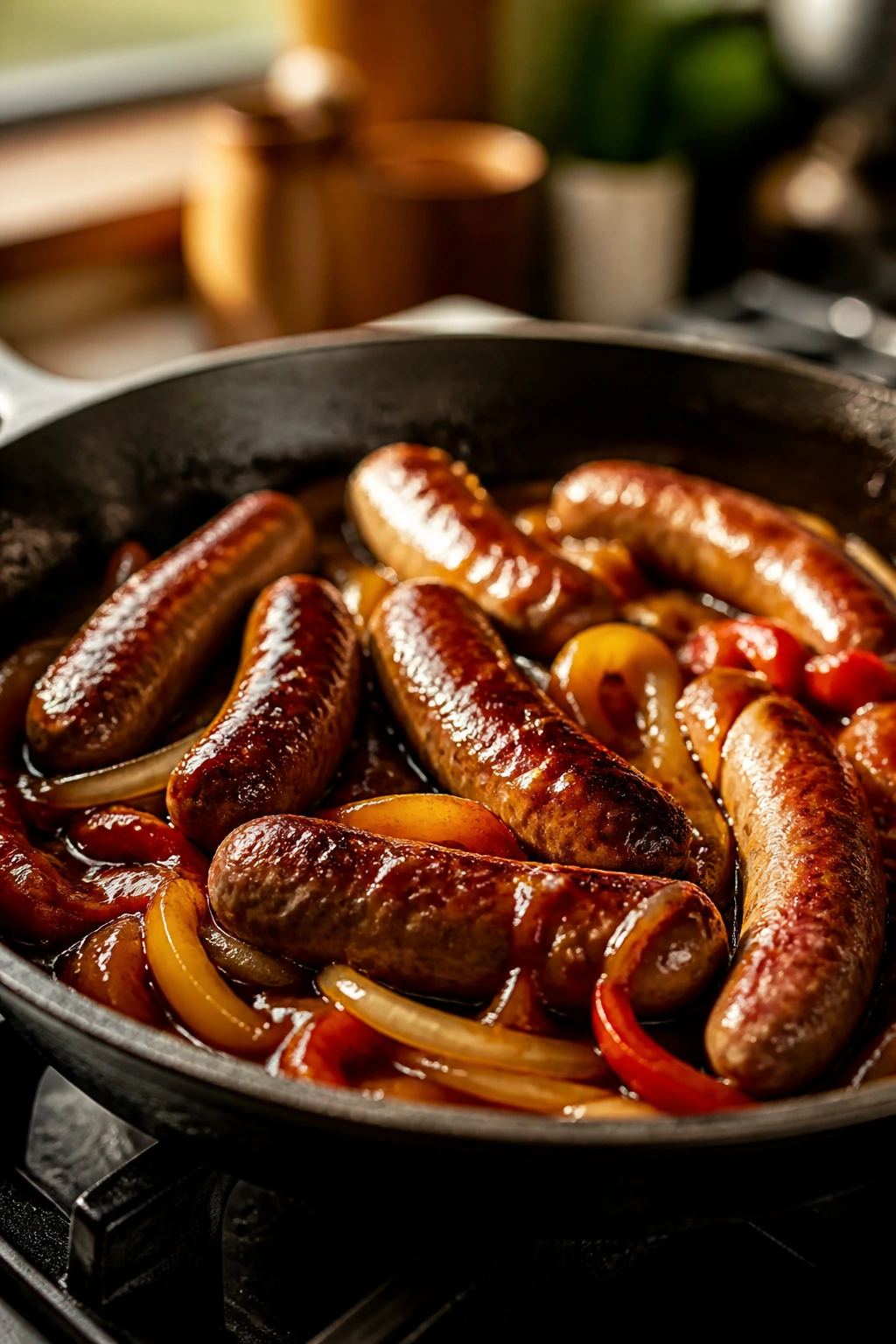 Glossy sausage skillet with glaze on stove