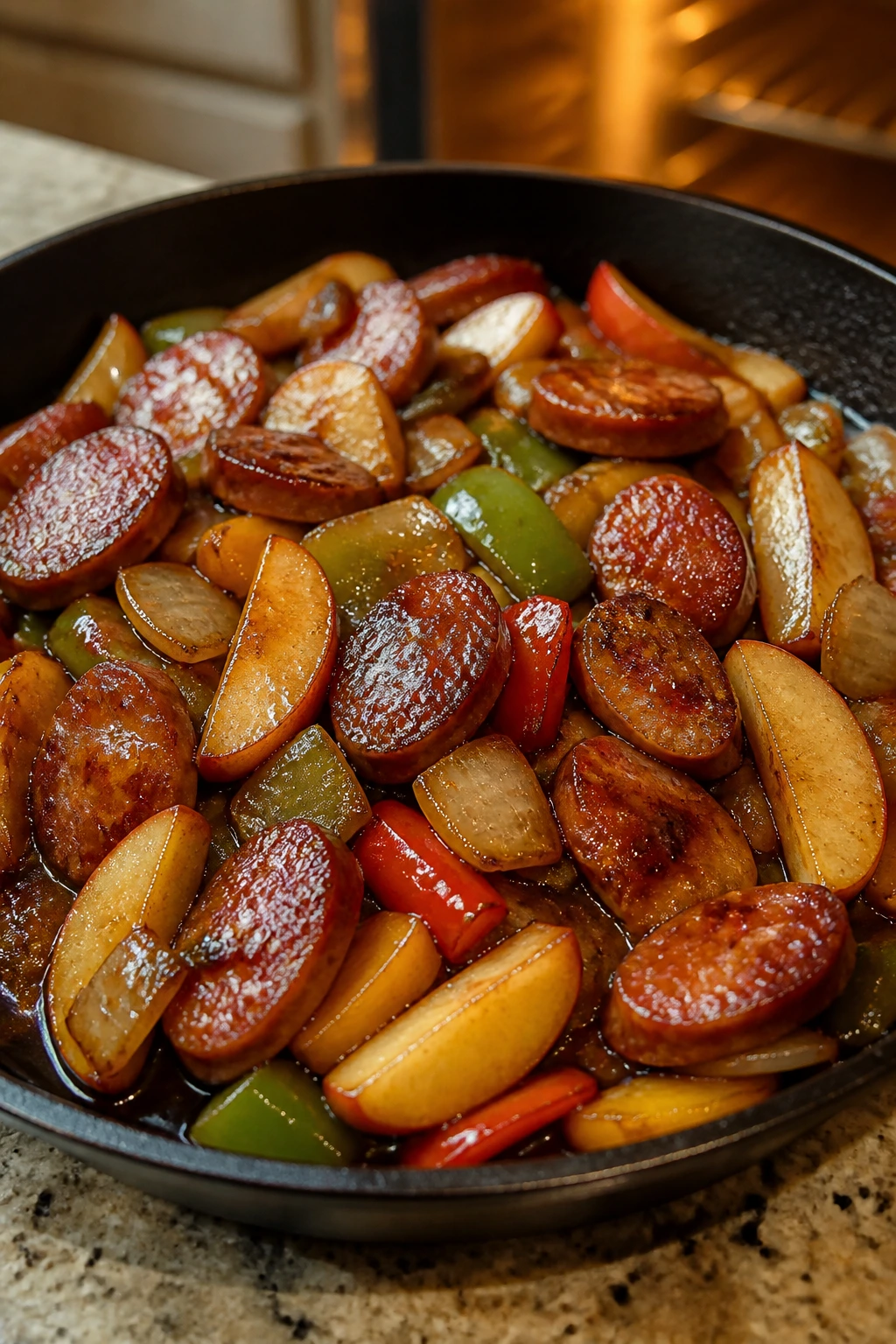 Close-up of smoked kielbasa with onions and peppers in a sticky brown sugar glaze