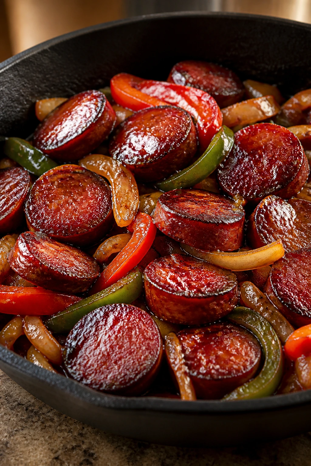 Close-up of crispy sausage in a skillet with glossy brown sugar glaze and peppers