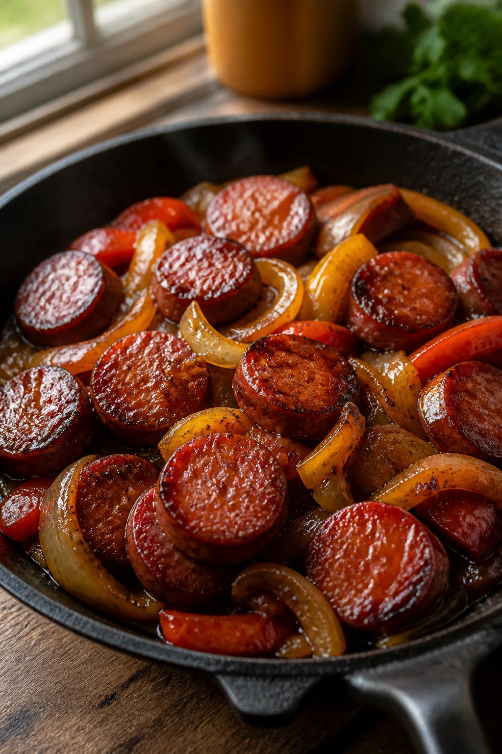 Close-up of browned sausage coins with onions in a skillet with glossy glaze