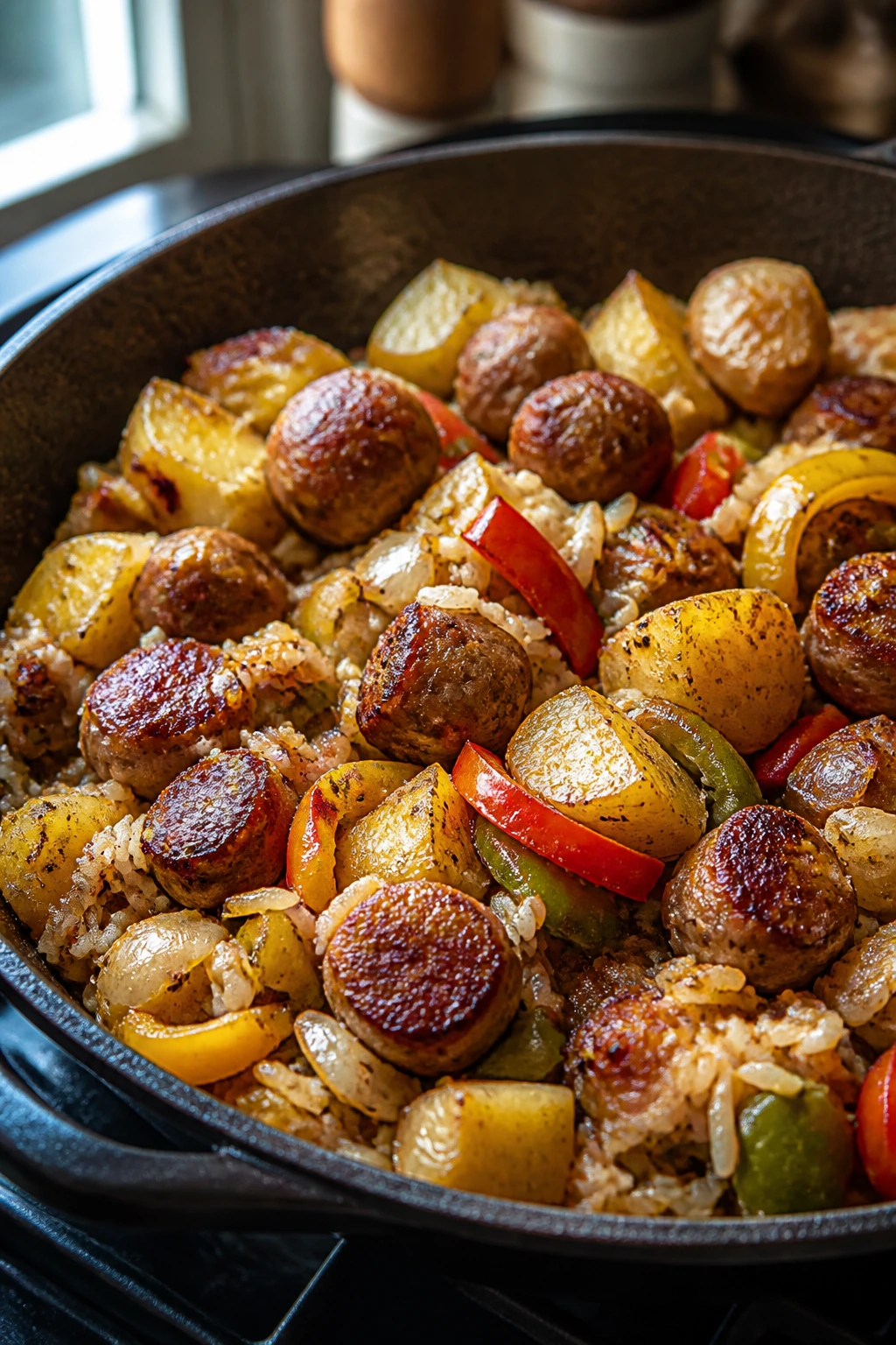 Close-up of a sausage skillet with onions, peppers, potatoes and rice in a warm kitchen