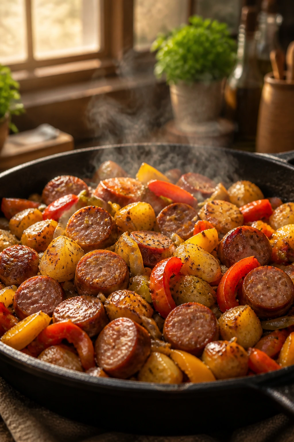 Close-up of a cast-iron skillet filled with browned sausage, peppers, onions, and potatoes in a cozy kitchen.