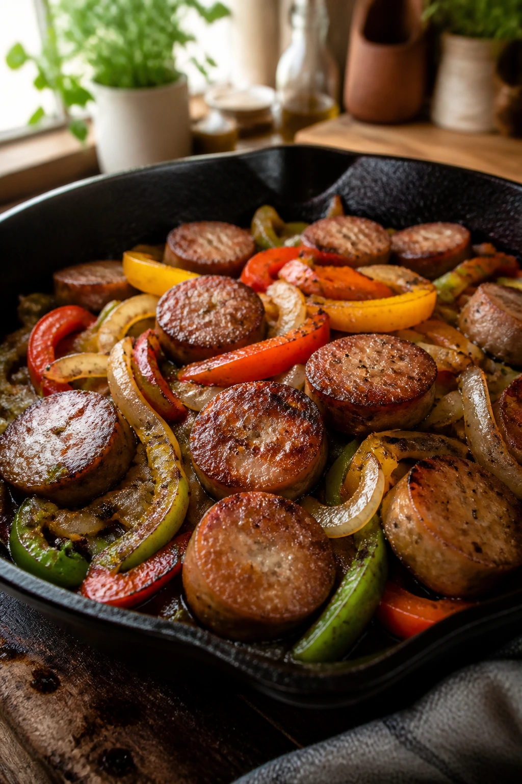 Close-up of sausage with peppers and onions cooking in a skillet
