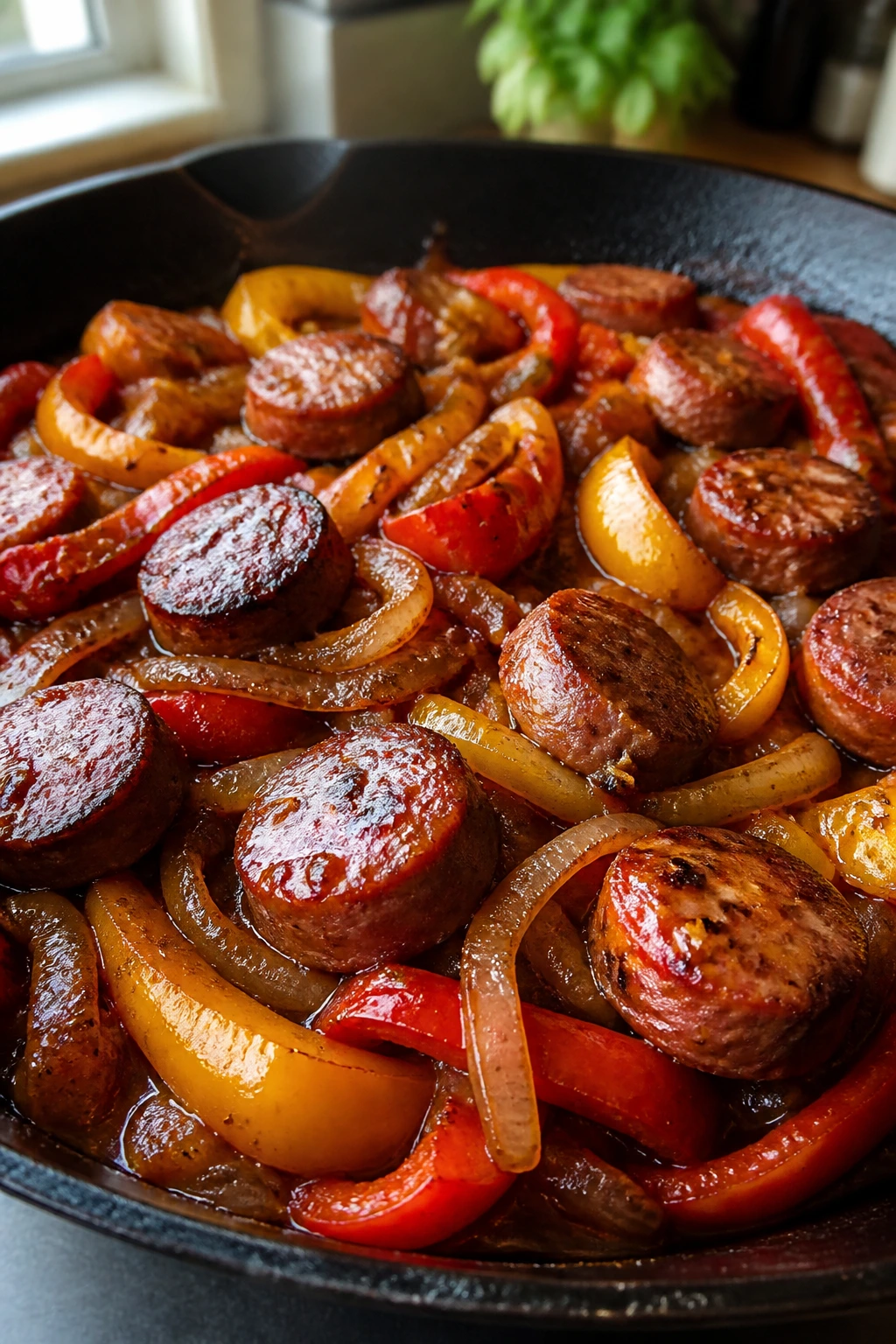 Close-up of a skillet with browned sausage, onions, and peppers in a glossy sauce
