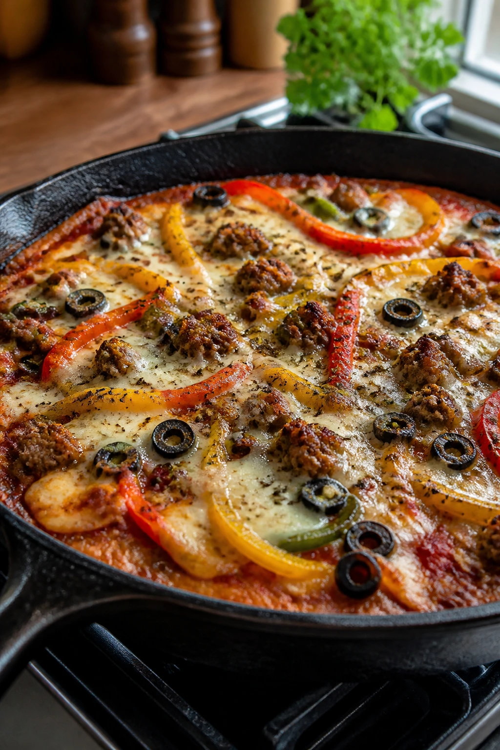 Close-up of a sausage pizza skillet with crisp crust and bubbly cheese in a cast-iron pan