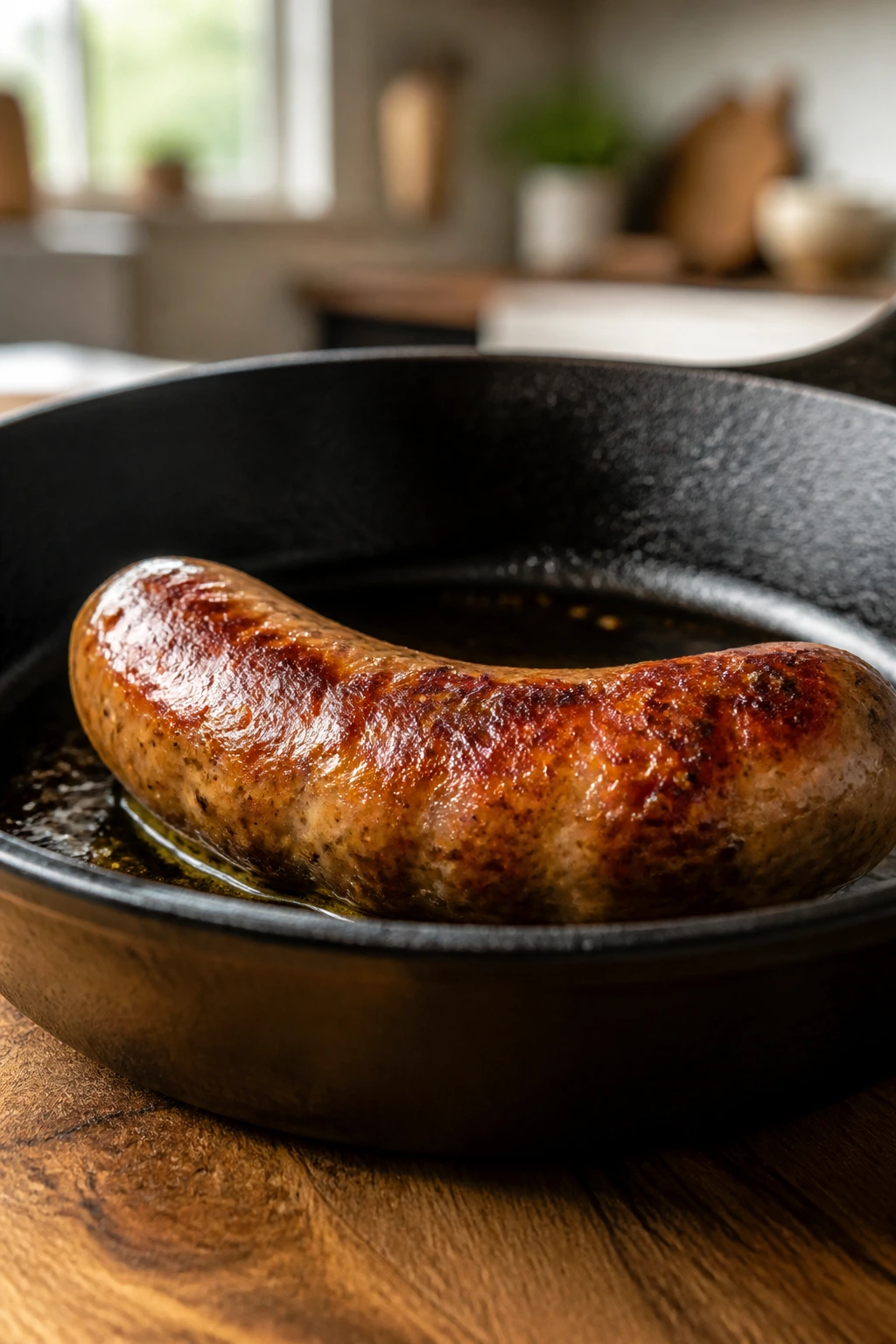 Close-up of browned sausage in a cast-iron skillet in a kitchen