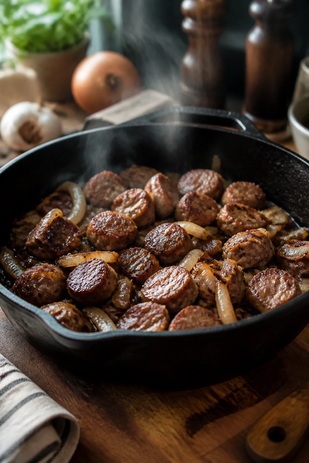 Skillet with browned sausage and onions in a cozy kitchen