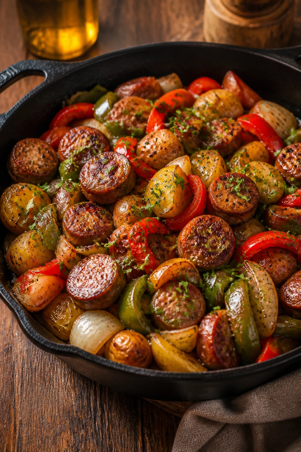 Hearty sausage skillet with peppers and potatoes in a cast iron pan