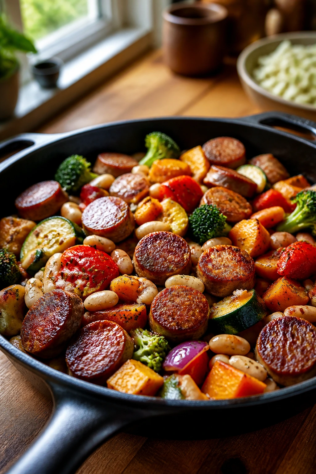Close-up of a cast-iron skillet with browned sausage and colorful vegetables in a cozy kitchen