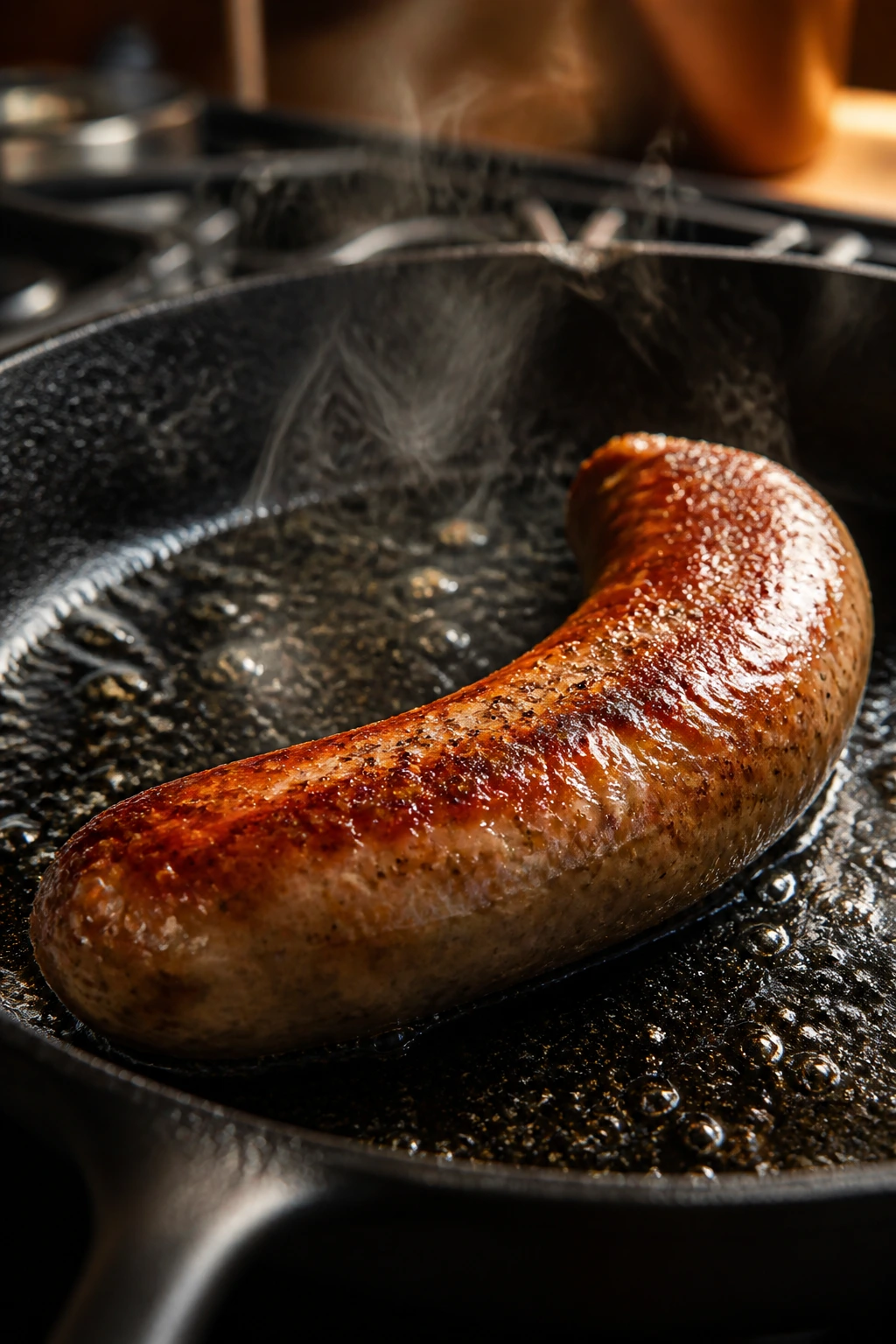 Close up of a browned sausage link in a skillet
