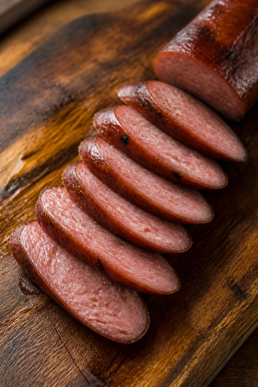Bias-cut sausage slices fanned on cutting board