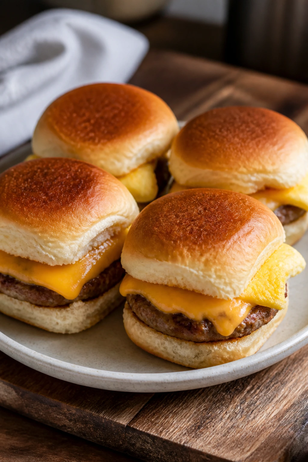 Close-up of sausage breakfast sliders on a plate in a sunlit kitchen