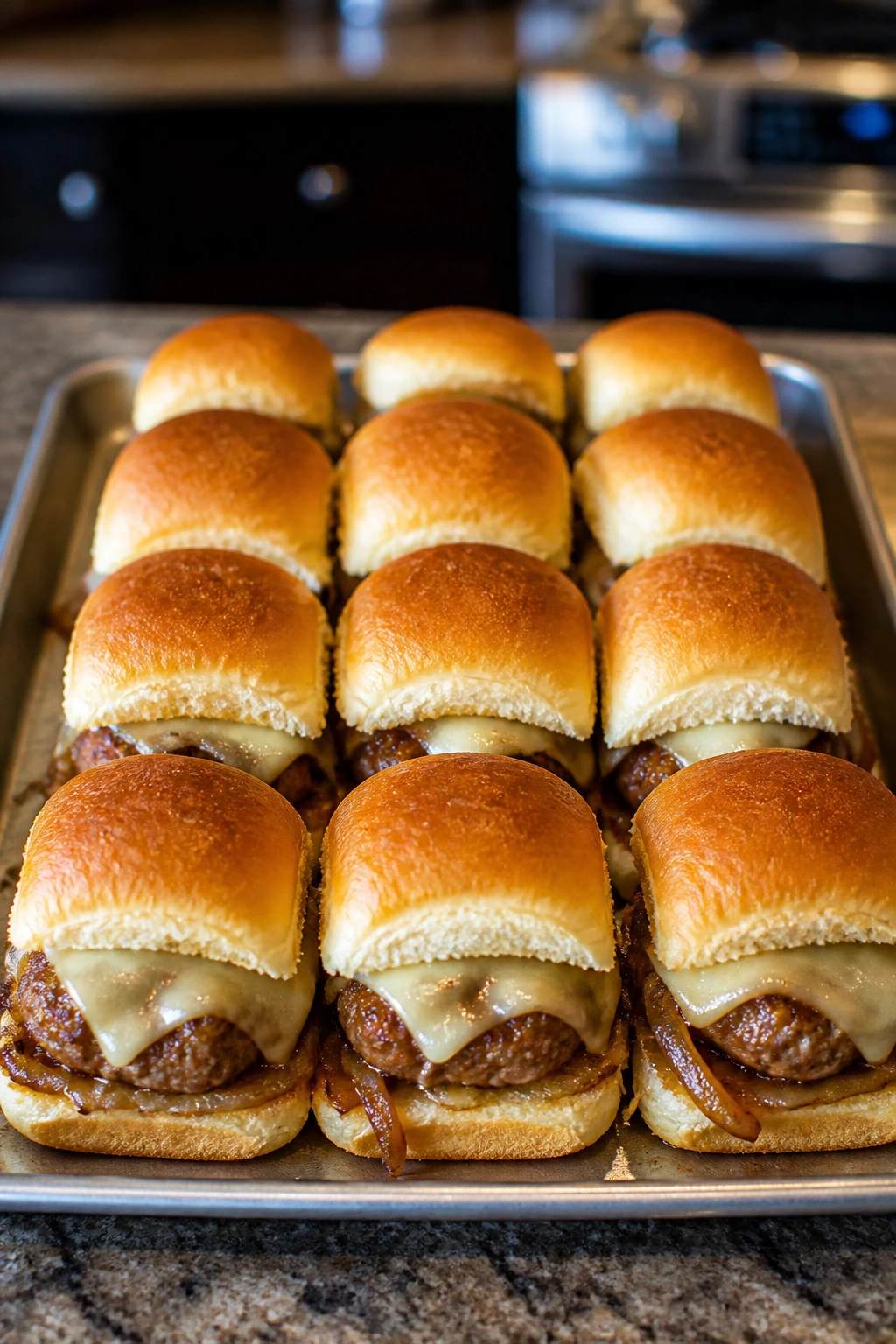Close-up of sausage sliders with melted cheese on mini buns in a warm kitchen