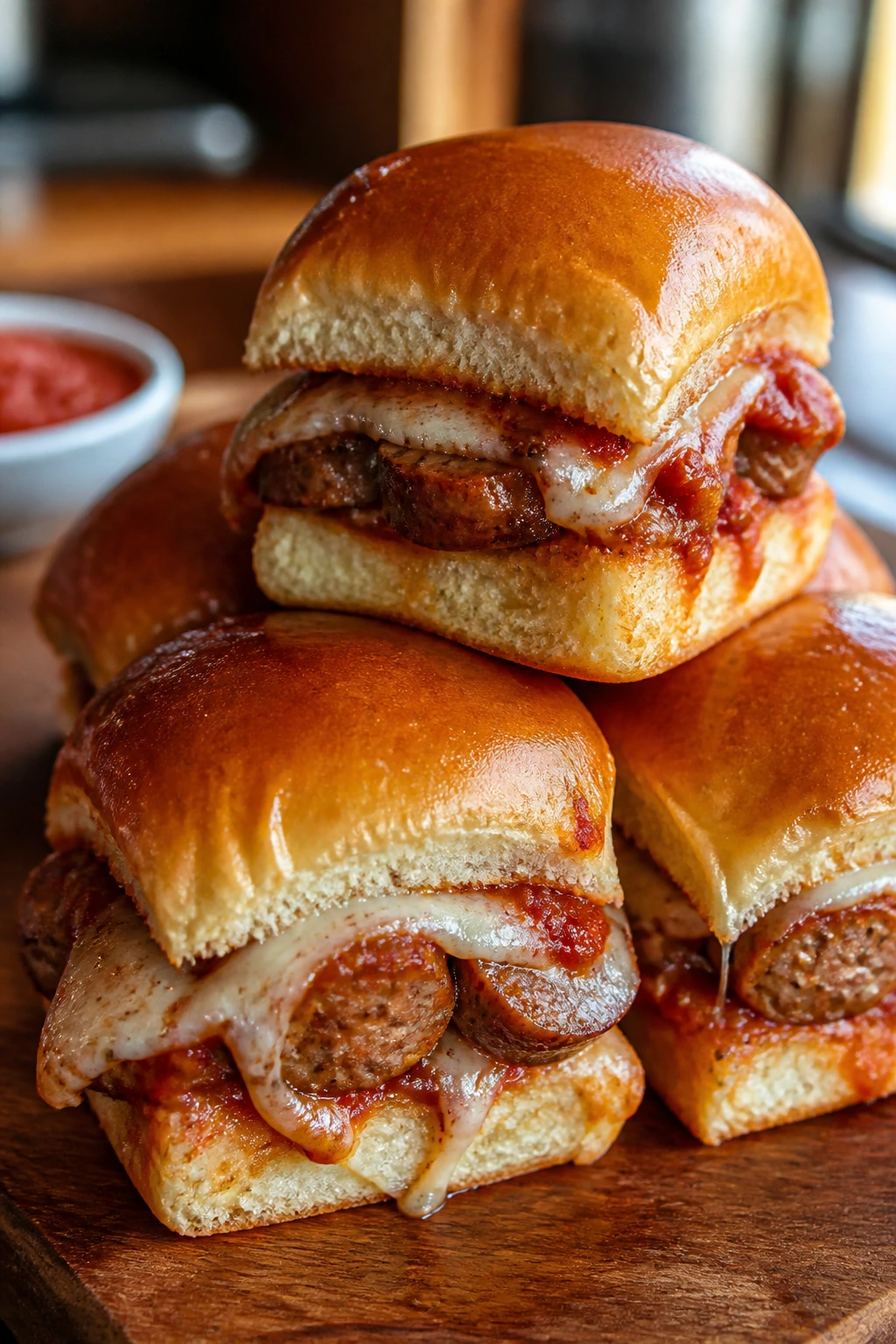 Close-up of smoked sausage sliders with mozzarella and marinara on a rustic wooden board