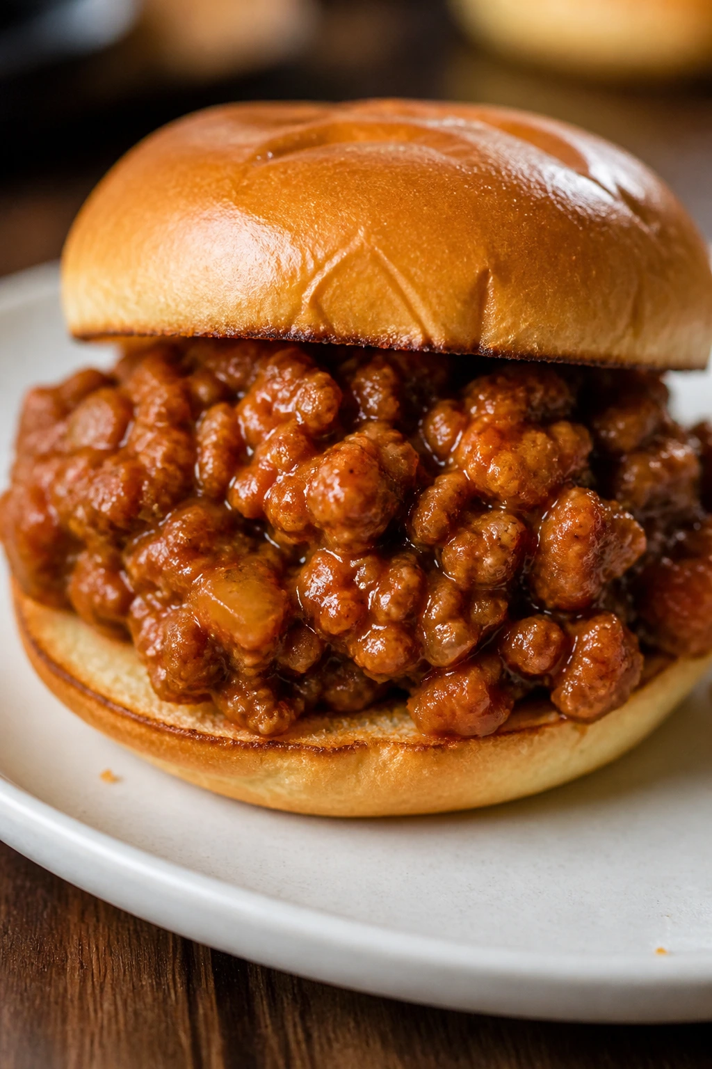 Close-up of a sloppy joe sandwich with sausage filling