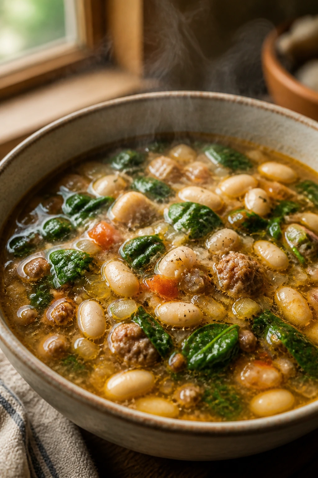 Close-up of a steaming sausage bean spinach soup in a rustic bowl
