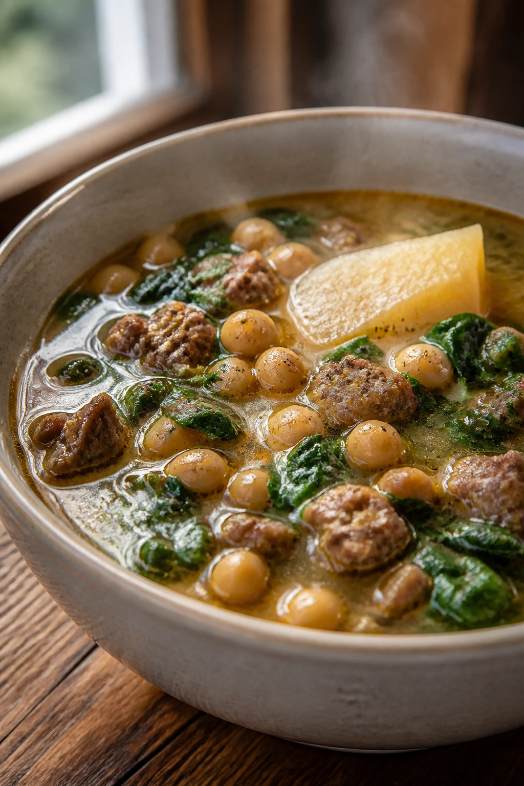 Close-up of Tuscan Sausage Chickpea Spinach Soup with sausage, chickpeas, spinach, Parmesan rind.
