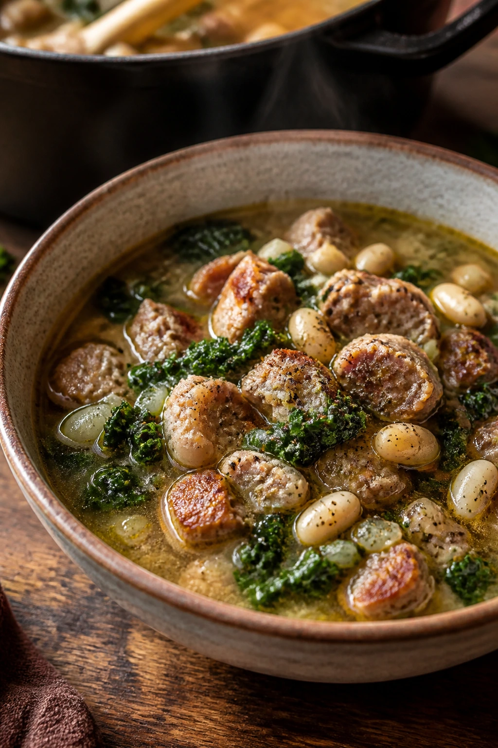 Steaming bowl of sausage kale white bean soup with sausage, kale, and beans