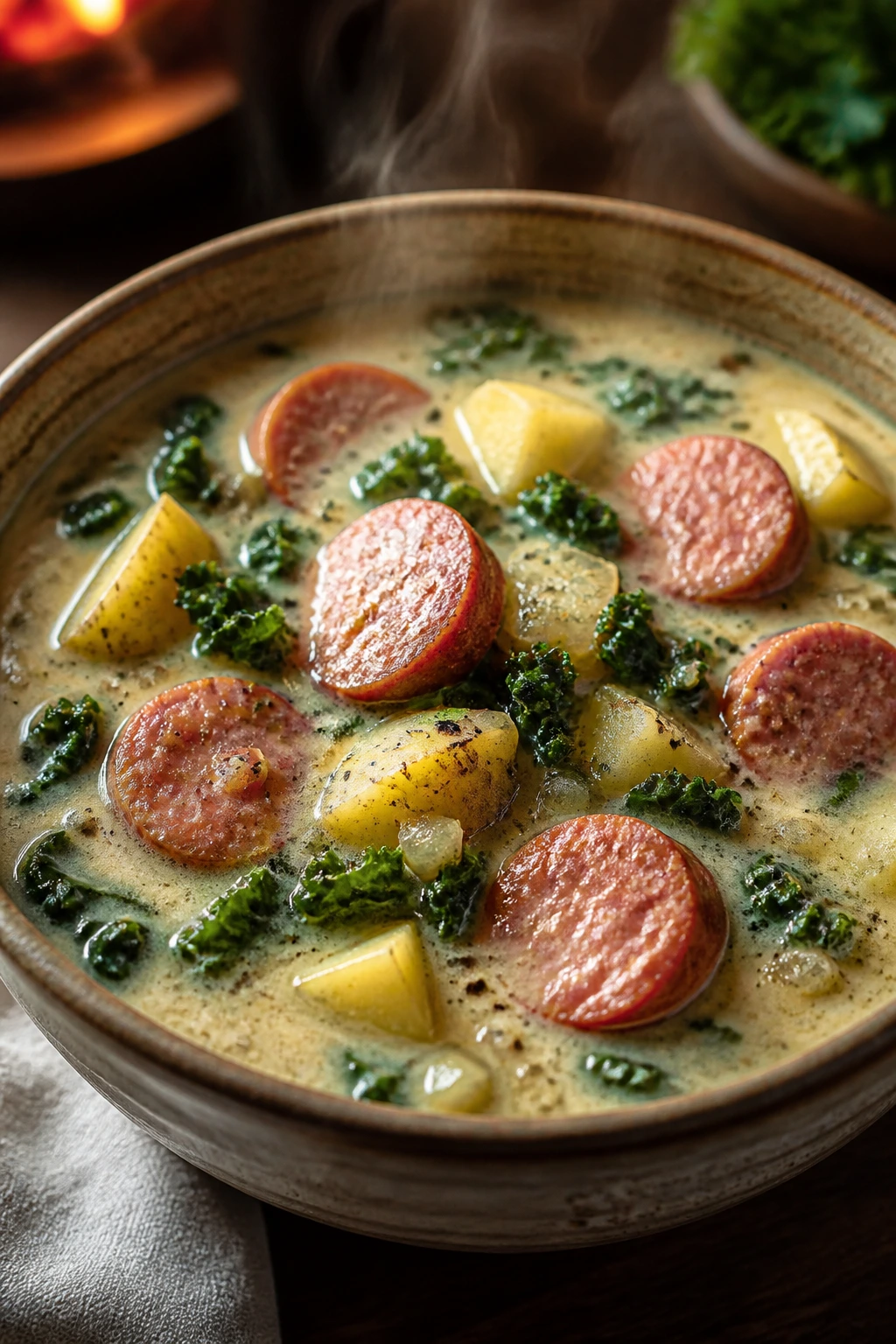 Creamy sausage soup with potatoes and kale in a rustic bowl.