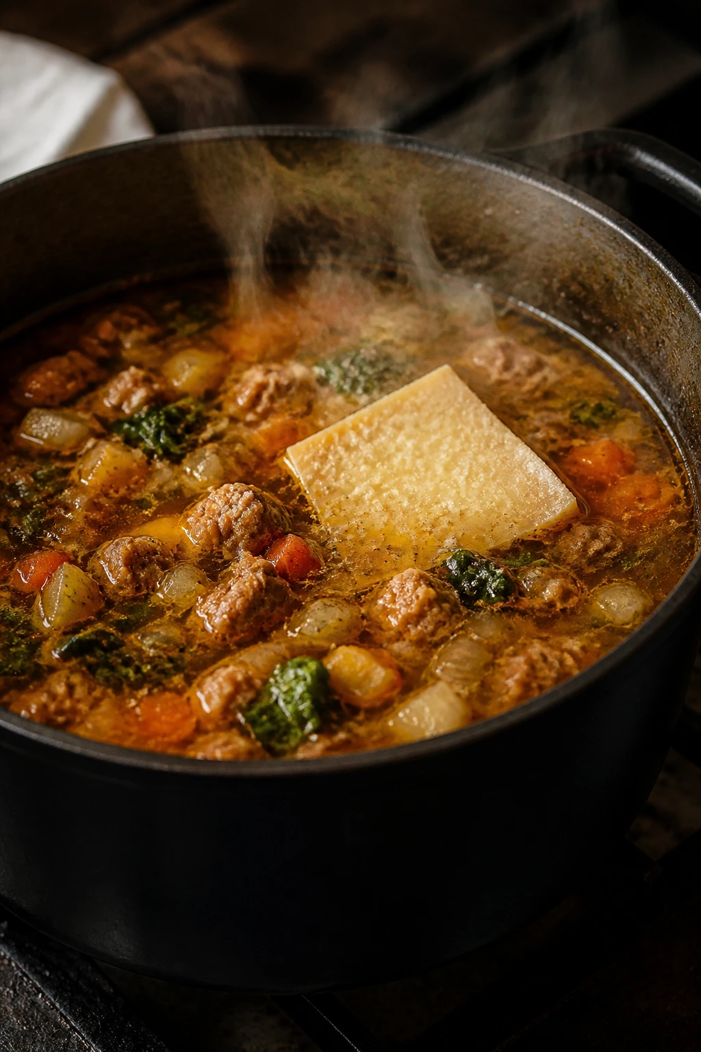 Close-up of simmering sausage soup with Parmesan rind in a rustic kitchen
