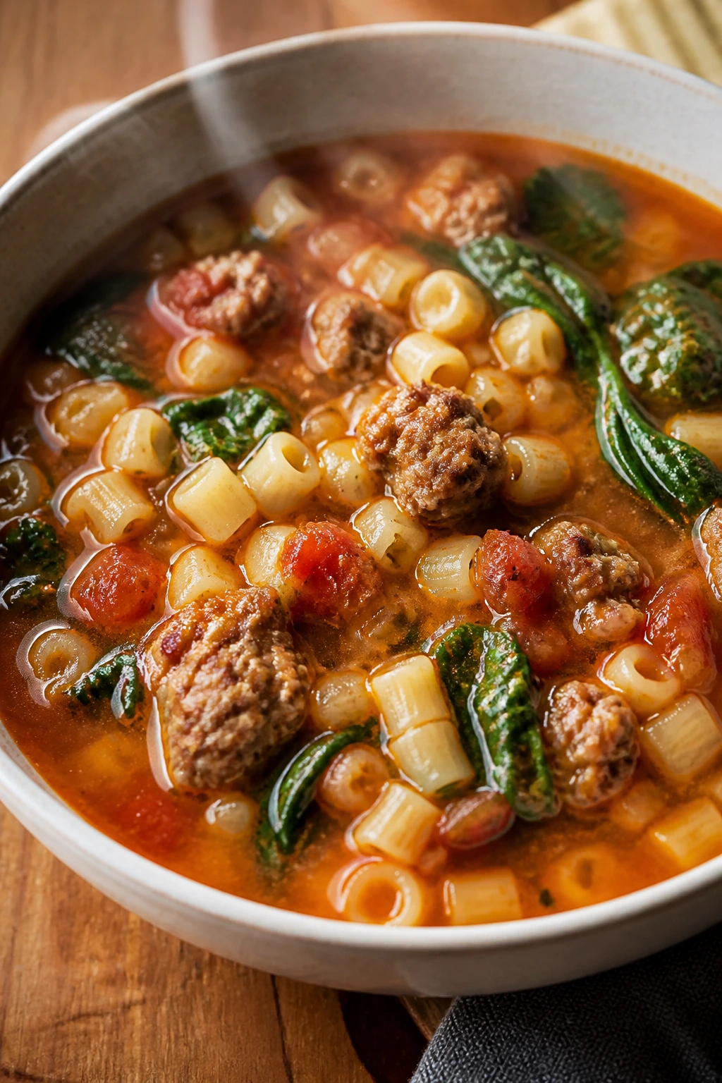 Steaming bowl of Italian sausage pasta soup with sausage and spinach